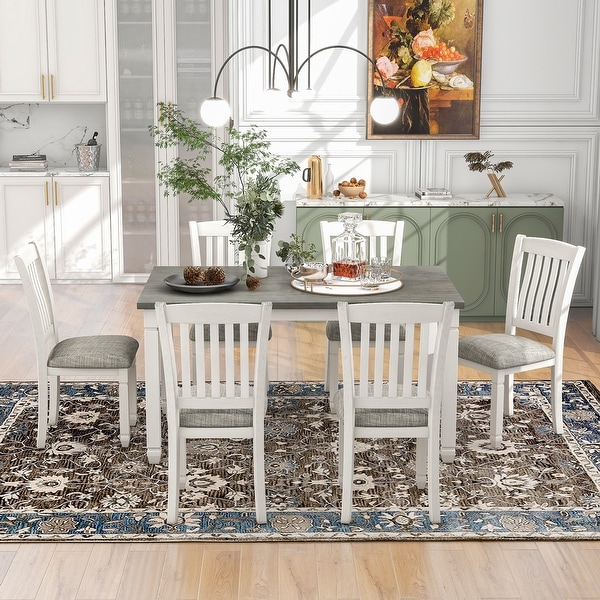 7 Piece Wood Dining Table Set with 6 Upholstered Chairs Gray